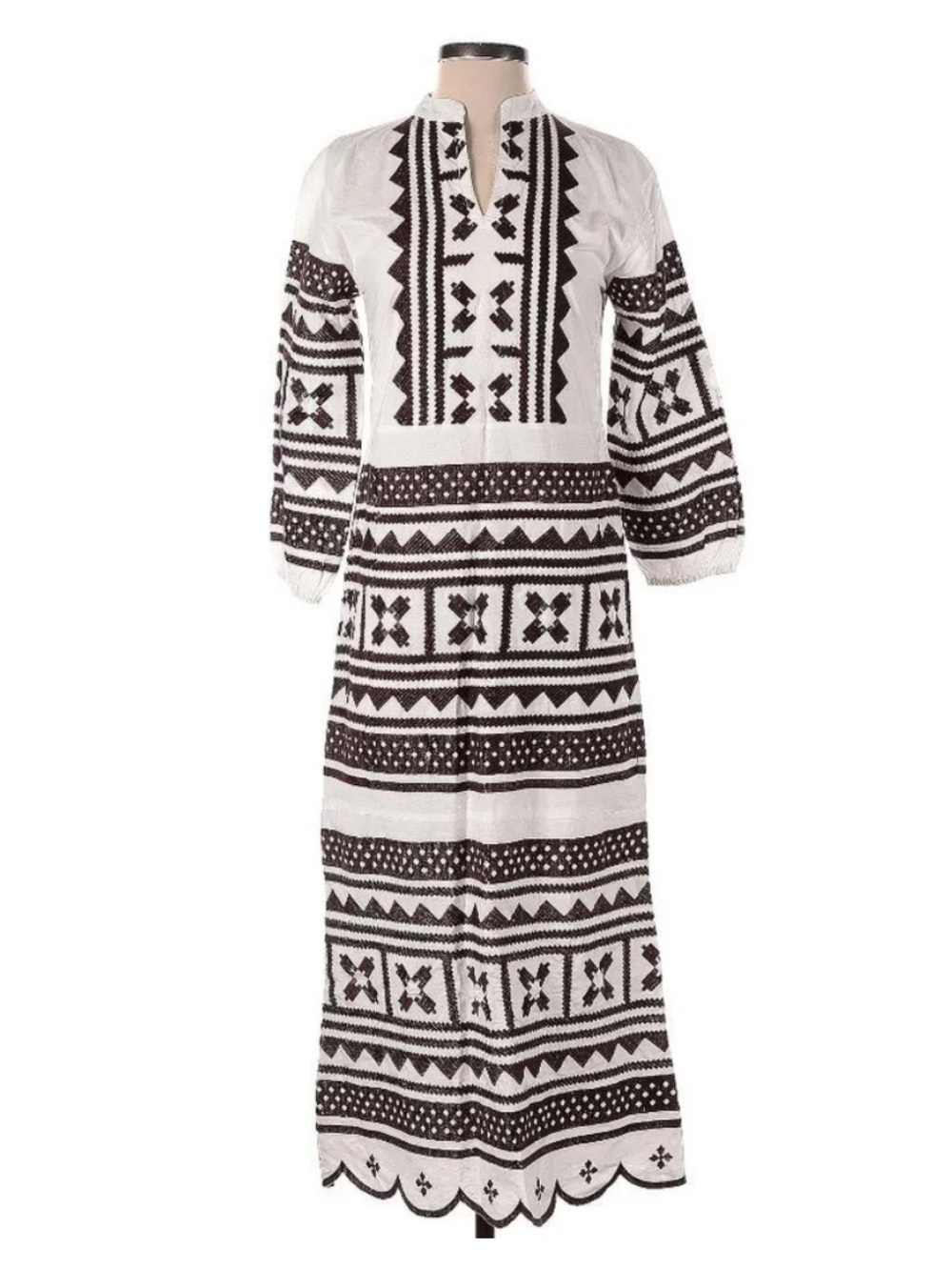 Julia Amory Brown & White Embroidered Scalloped Hem Maxi Caftan Dress XL NWT
